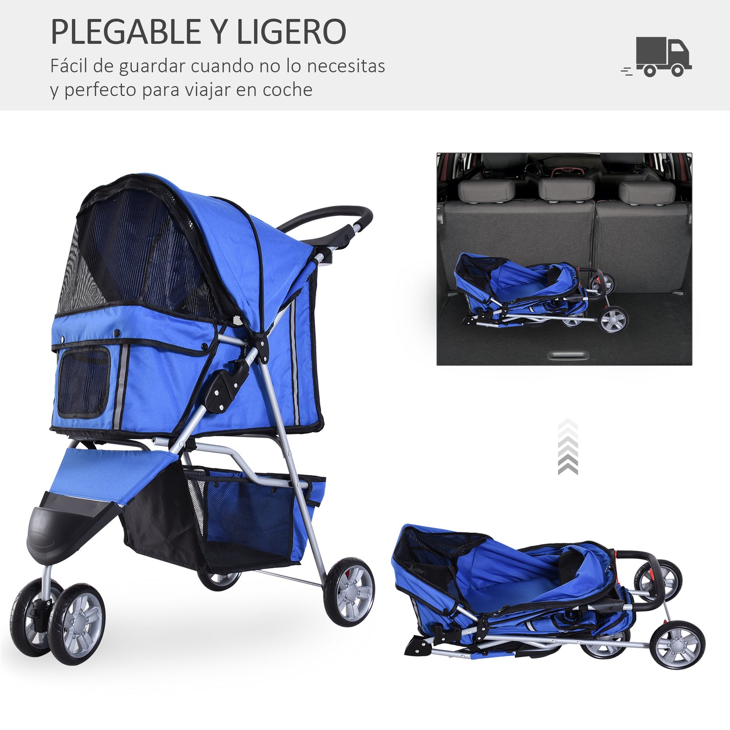 PawHut Carrito para Perros Plegable Cochecito para Mascotas Carrito para Perros Pequeños con Cesta de Almacenaje Ventanas de Malla y 2 Ruedas Universales 75x45x97 cm Azul