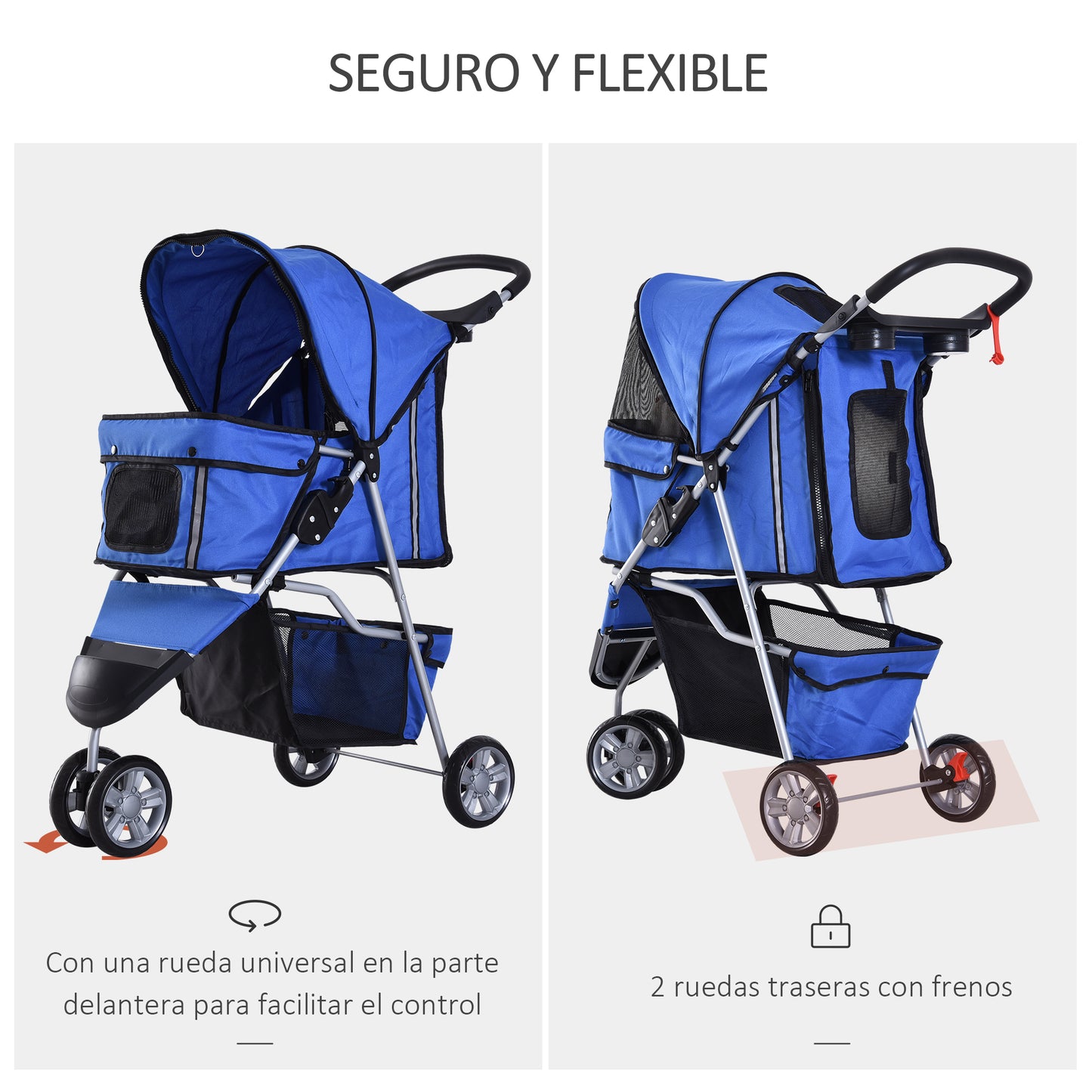 PawHut Carrito para Perros Plegable Cochecito para Mascotas Carrito para Perros Pequeños con Cesta de Almacenaje Ventanas de Malla y 2 Ruedas Universales 75x45x97 cm Azul