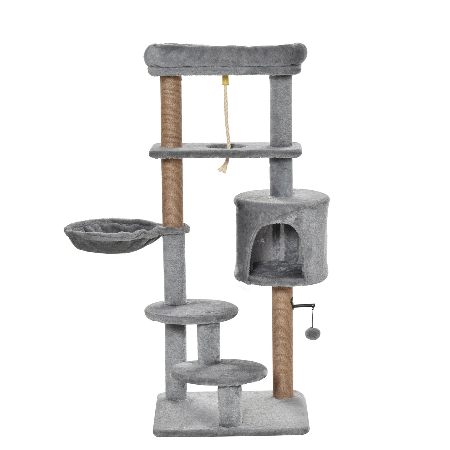 PawHut Árbol Rascador para Gatos Altura 120 cm Torre de Gatos con Plataformas Cueva Hamaca Postes de Yute Cuerda Divertida Bola Colgante 48x48x120 cm Gris