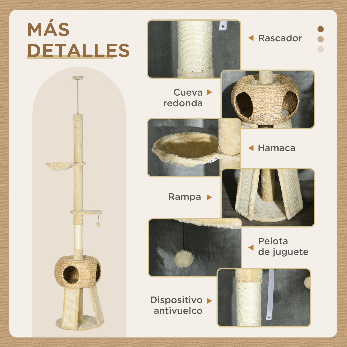 PawHut Árbol para Gatos de Suelo a Techo de 225-255 cm Torre para Gatos Altura Ajustable con Cueva Plataformas Hamaca Postes Rascadores Rampas y Bolas Colgantes Ø48x225-255 cm Beige