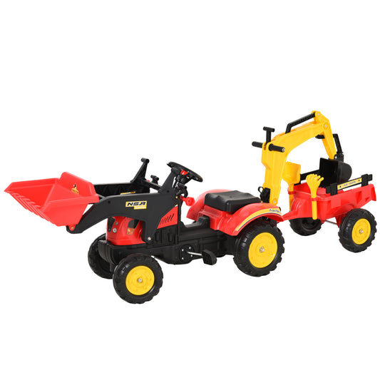 HOMCOM Tractor a Pedales con Remolque Excavador con Pala Frontal Juguete de Conducción para Mayores de 3 Años Dirección y Palas Fáciles de Controlar Soporta hasta 35 kg 179x42x59 cm Rojo