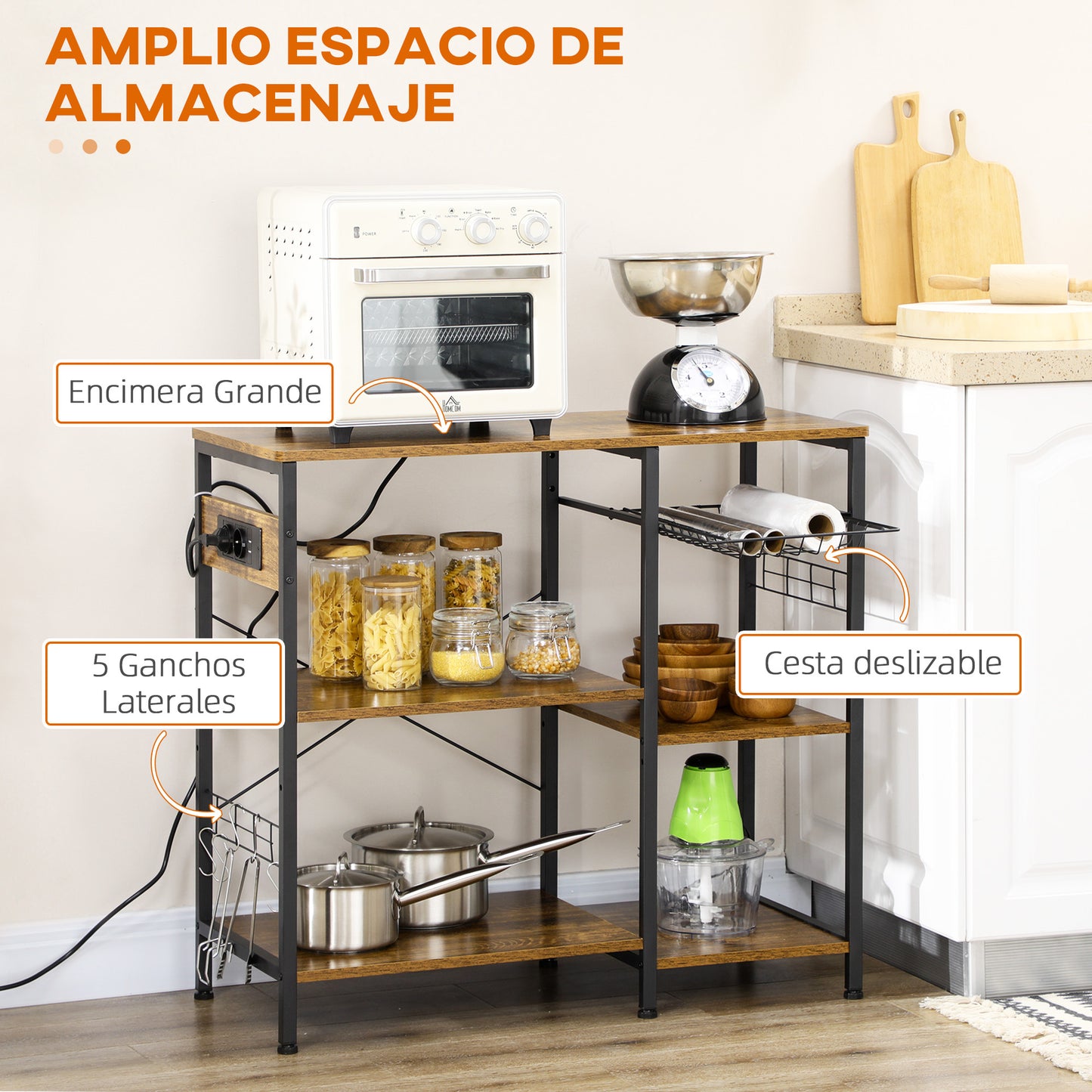 HOMCOM Estantería de Cocina Industrial Estante de Cocina con Toma de Corriente Estantes Ajustables Ganchos y Cesta Metálica 90x40x83 cm Marrón Rústico