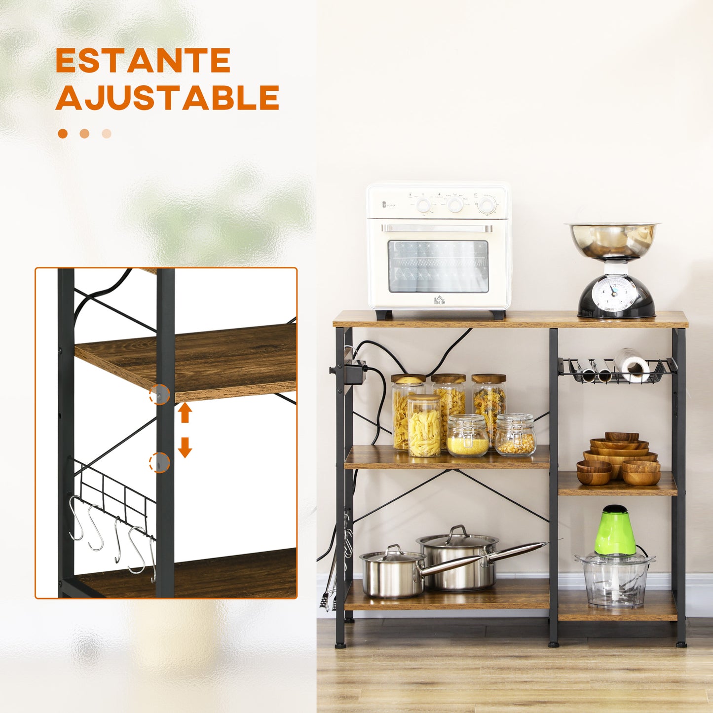 HOMCOM Estantería de Cocina Industrial Estante de Cocina con Toma de Corriente Estantes Ajustables Ganchos y Cesta Metálica 90x40x83 cm Marrón Rústico