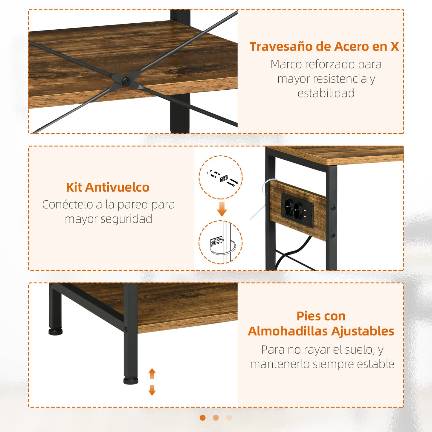 HOMCOM Estantería de Cocina Industrial Estante de Cocina con Toma de Corriente Estantes Ajustables Ganchos y Cesta Metálica 90x40x83 cm Marrón Rústico