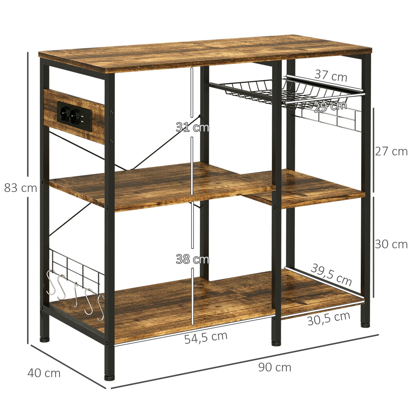 HOMCOM Estantería de Cocina Industrial Estante de Cocina con Toma de Corriente Estantes Ajustables Ganchos y Cesta Metálica 90x40x83 cm Marrón Rústico