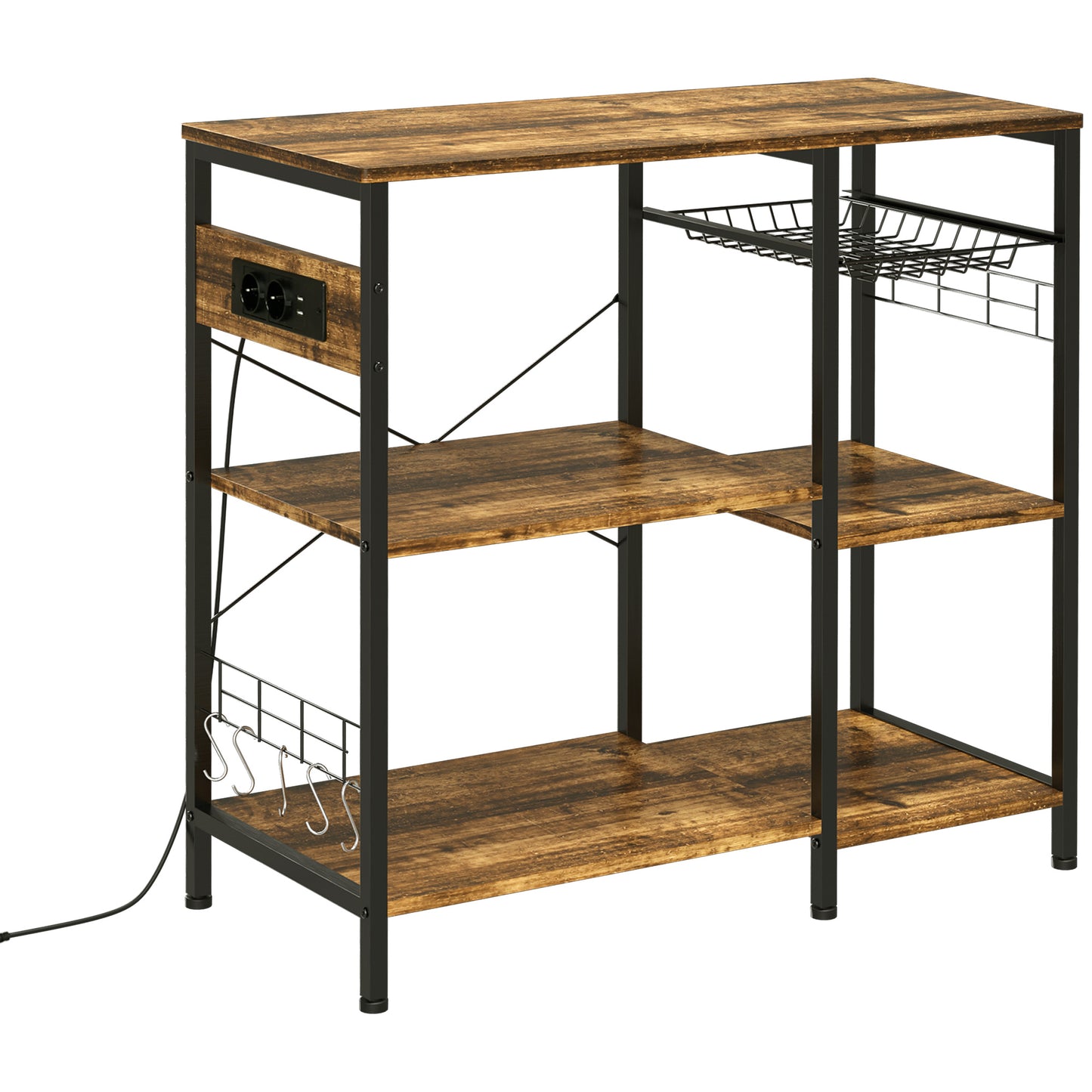 HOMCOM Estantería de Cocina Industrial Estante de Cocina con Toma de Corriente Estantes Ajustables Ganchos y Cesta Metálica 90x40x83 cm Marrón Rústico