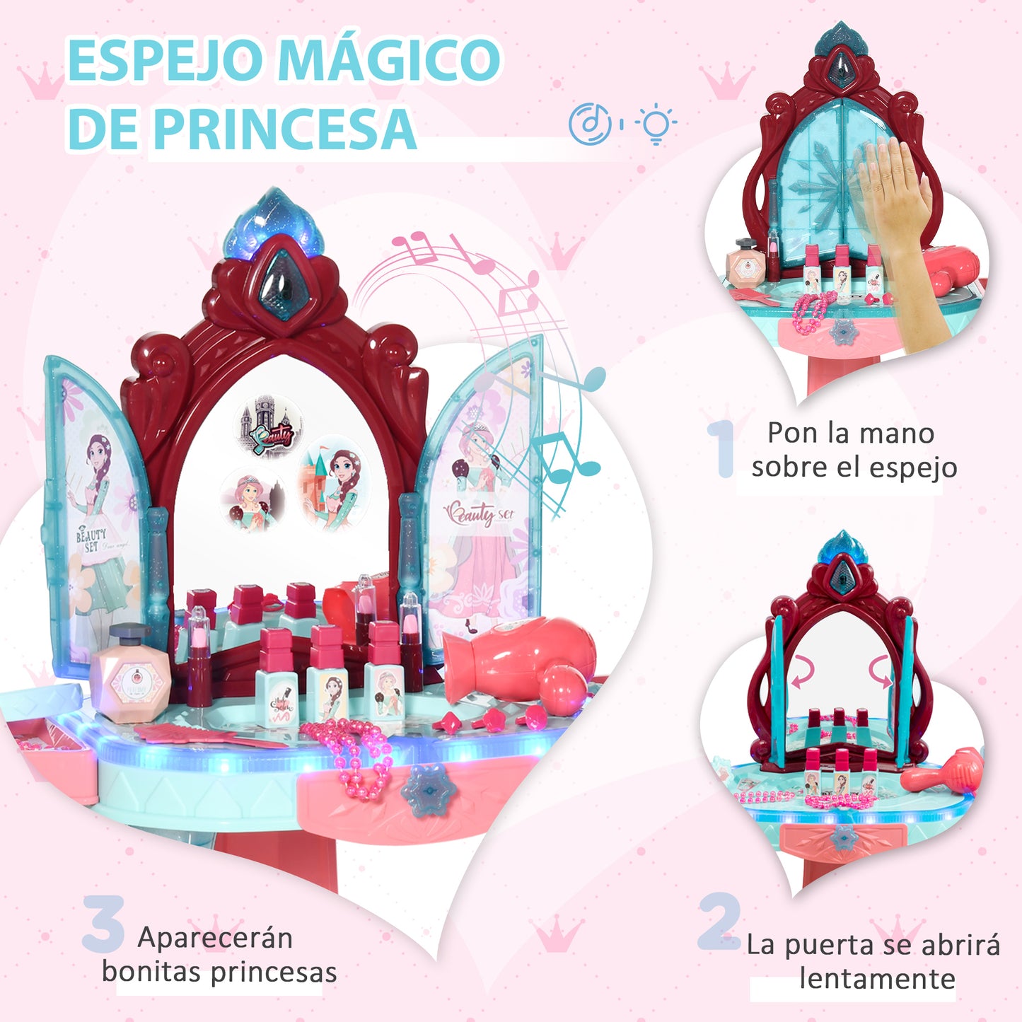 AIYAPLAY Tocador de Juguete para Niñas de +3 Años con Taburete Espejo Luz Música y Secador Incluye 31 Accesorios Tocador de Maquillaje 57x34x76 cm Multicolor