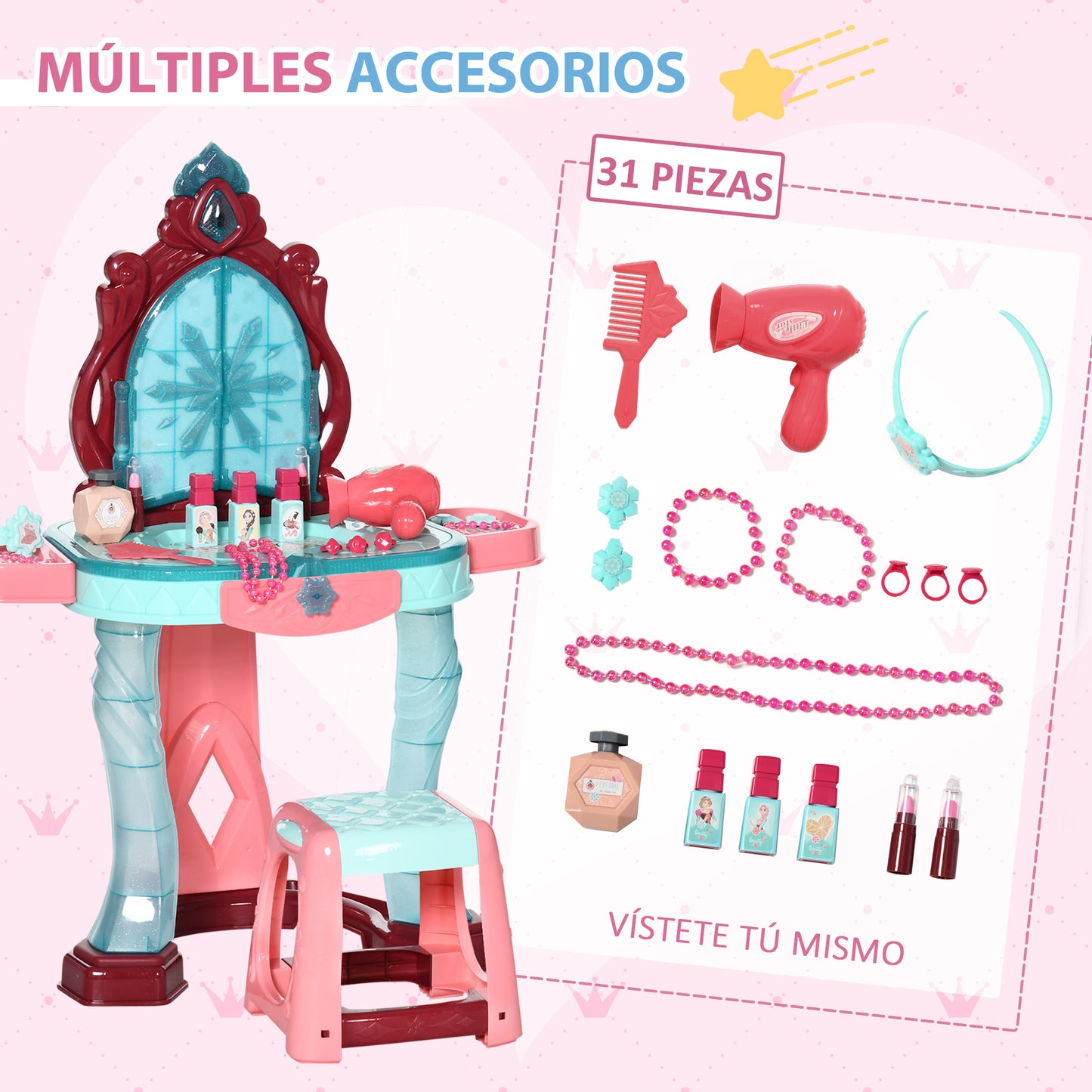 AIYAPLAY Tocador de Juguete para Niñas de +3 Años con Taburete Espejo Luz Música y Secador Incluye 31 Accesorios Tocador de Maquillaje 57x34x76 cm Multicolor