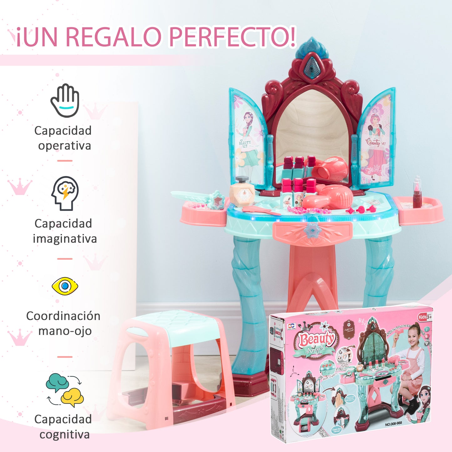 AIYAPLAY Tocador de Juguete para Niñas de +3 Años con Taburete Espejo Luz Música y Secador Incluye 31 Accesorios Tocador de Maquillaje 57x34x76 cm Multicolor