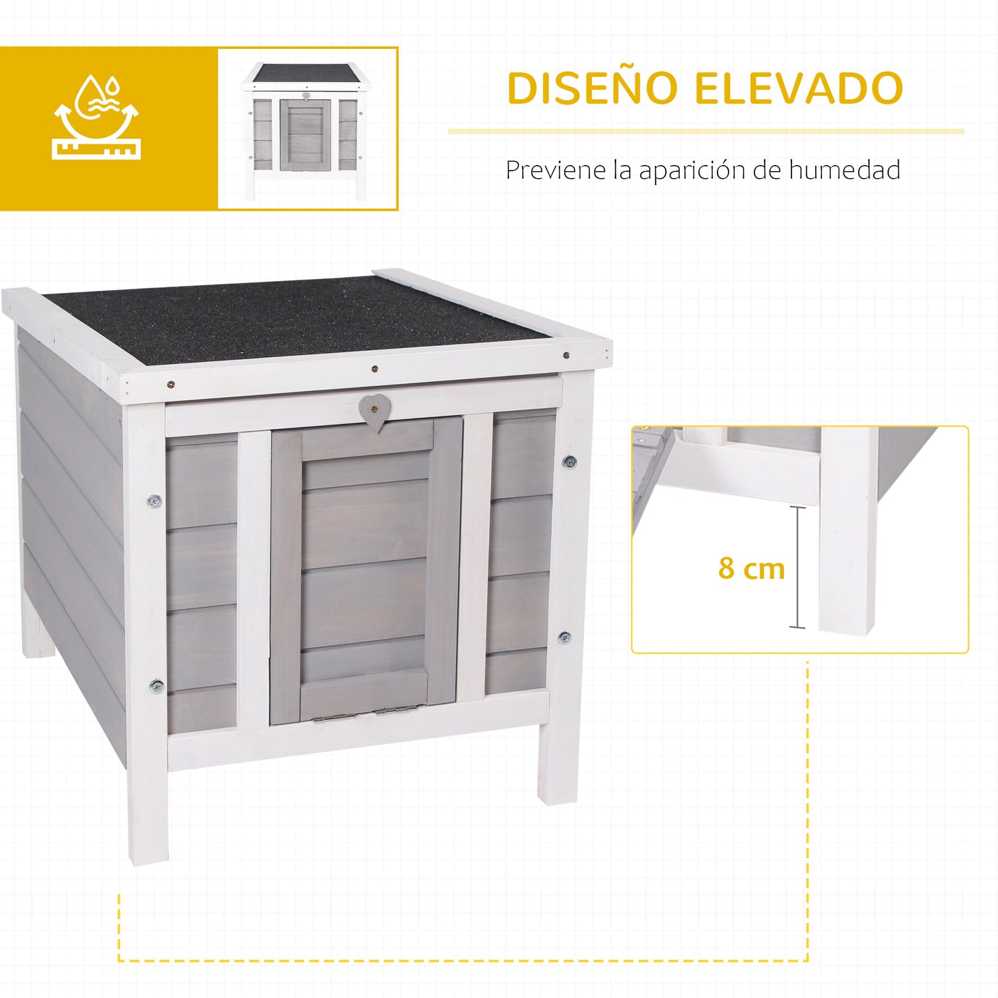 PawHut Conejera de Madera Exterior Jaula Caseta para Roedores Mascotas Pequeñas con Techo Asfáltico Abatible y Rampa Antideslizante 42x51x43 cm Gris