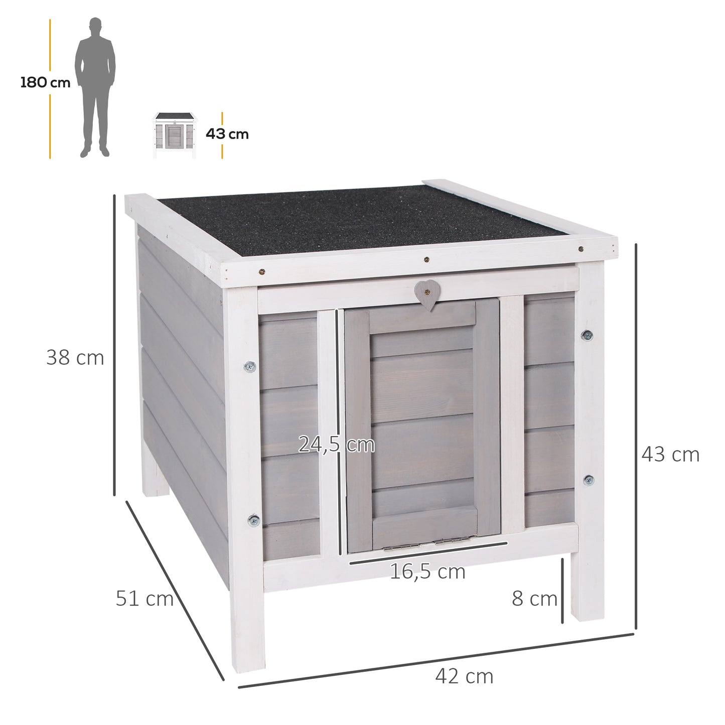 PawHut Conejera de Madera Exterior Jaula Caseta para Roedores Mascotas Pequeñas con Techo Asfáltico Abatible y Rampa Antideslizante 42x51x43 cm Gris