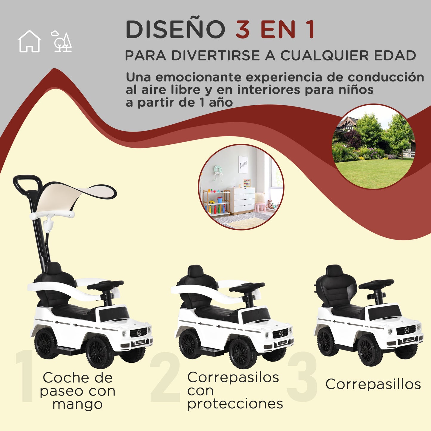 HOMCOM Correpasillos para Niños con Licencia Mercedes G350 Coche Correpasillos para Niños de 1-3 Años con Bocina Capota Extraíble y Barandilla Carga 25 kg 85,5x40,5x95 cm Blanco