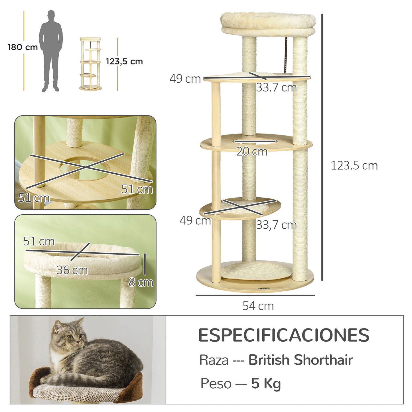 PawHut Árbol Rascador para Gatos de Madera 123,5 cm Torre Escalador para Gatos con Múltiples Plataformas Cama Desmontable y Cojines Ø54x123,5 cm Roble