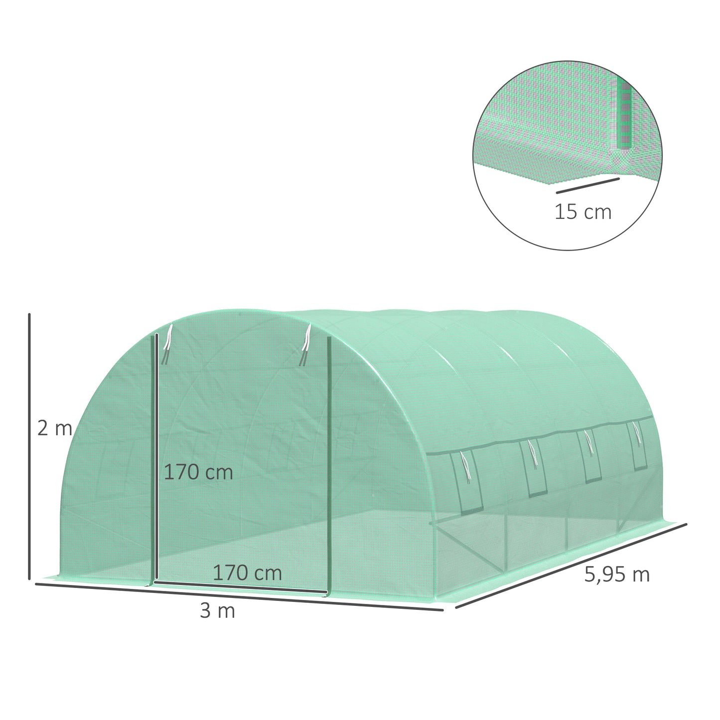 Outsunny Invernadero de Túnel 600x300x200 cm Invernadero de Jardín con Puerta Enrollable 8 Ventanas Cubierta PE 140g/m² y Tubo de Acero para Cultivos Plantas Verduras Verde