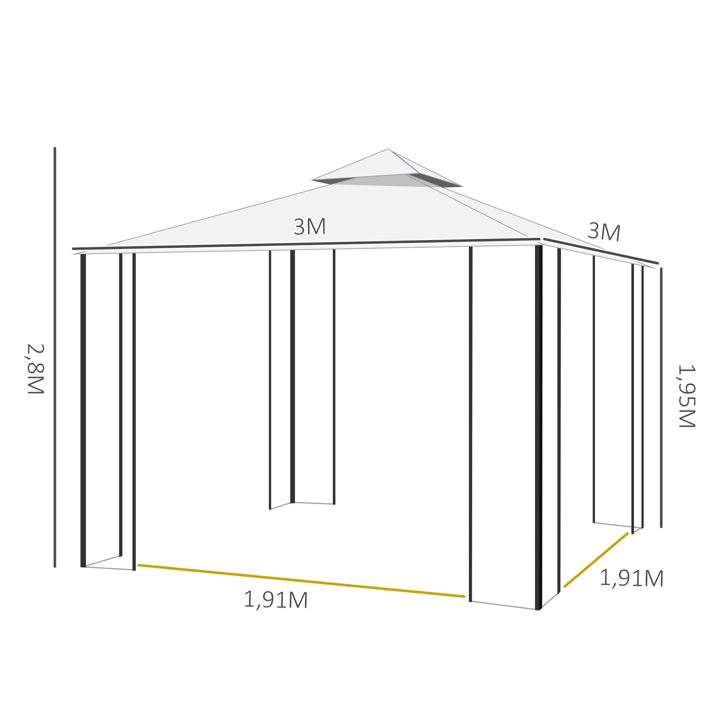 Outsunny Cenador de Jardín 3x3x2,8 m Gazebo Carpas para Exterior Grandes con Doble Techo Mosquiteras y Marco de Acero para Patio Fiesta Blanco