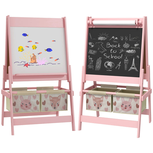 AIYAPLAY Caballete para Niños 3 en 1 Caballete Infantil de Doble Cara Caballete de Arte con Rollo de Papel Pizarras y 2 Cestas de Almacenamiento 54x46,5x93 cm Rosa