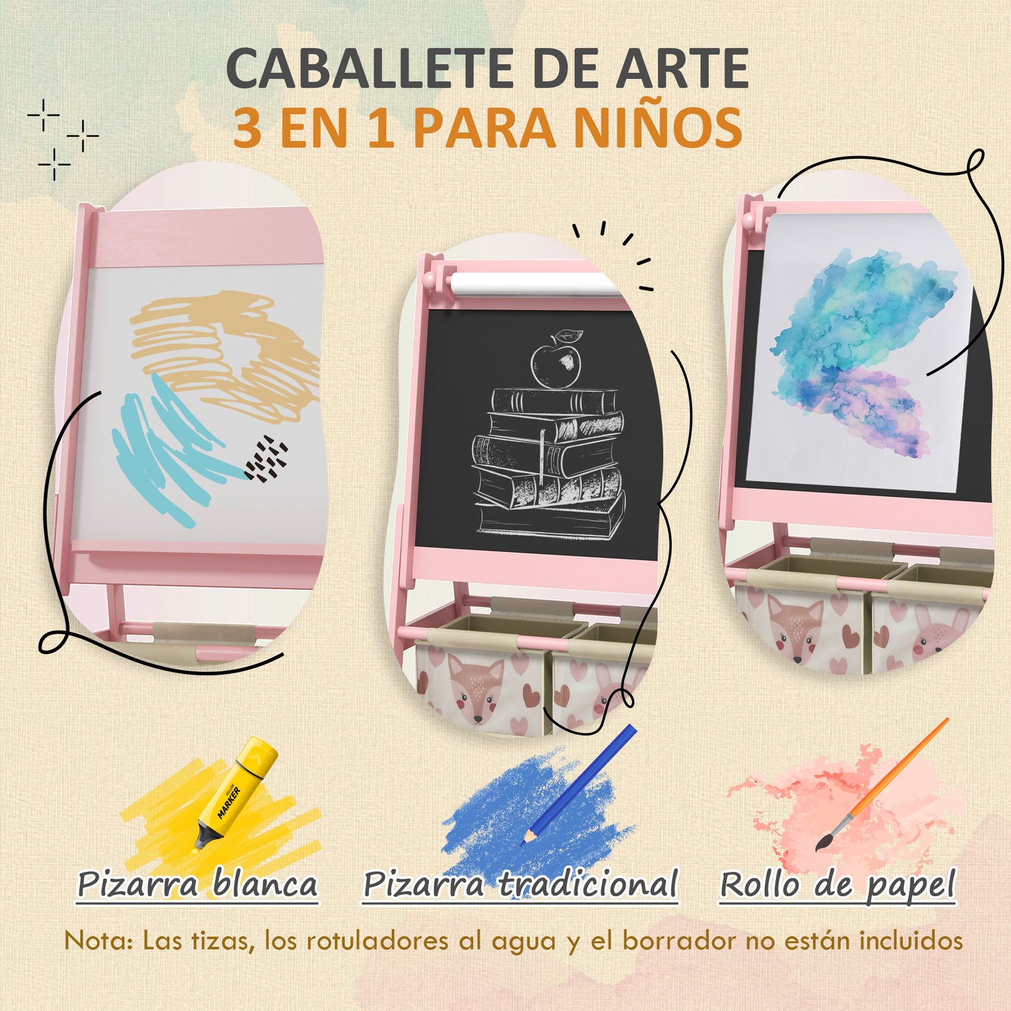 AIYAPLAY Caballete para Niños 3 en 1 Caballete Infantil de Doble Cara Caballete de Arte con Rollo de Papel Pizarras y 2 Cestas de Almacenamiento 54x46,5x93 cm Rosa