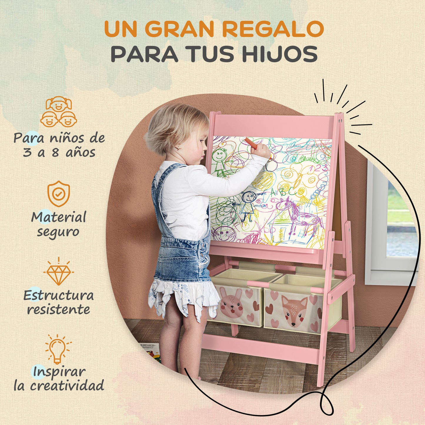 AIYAPLAY Caballete para Niños 3 en 1 Caballete Infantil de Doble Cara Caballete de Arte con Rollo de Papel Pizarras y 2 Cestas de Almacenamiento 54x46,5x93 cm Rosa