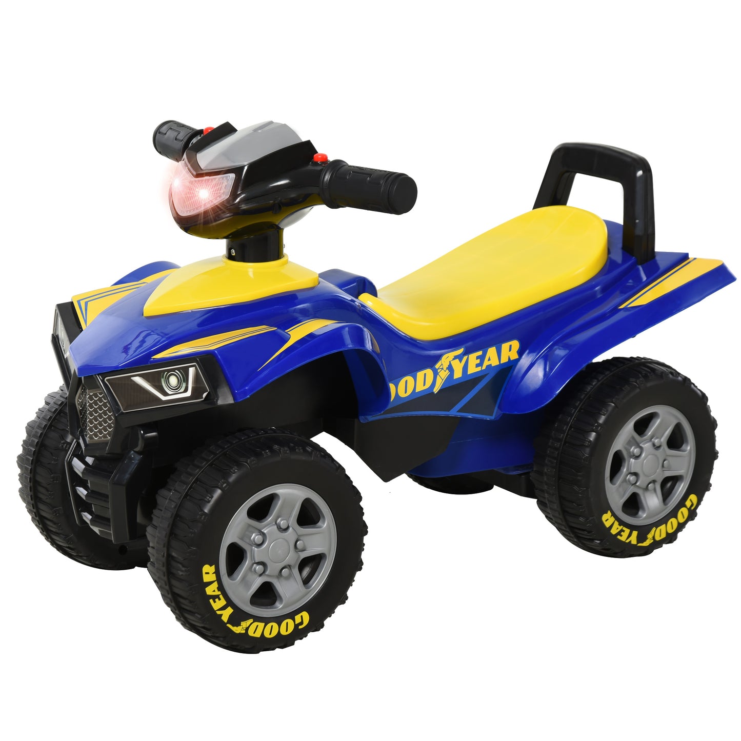 HOMCOM Quad Correpasillos para Niños 18-36 Meses Coche Cuatrimoto con Funciones de Luces Bocina y Espacio Secreto de Almacenaje 60x31x42 cm Azul