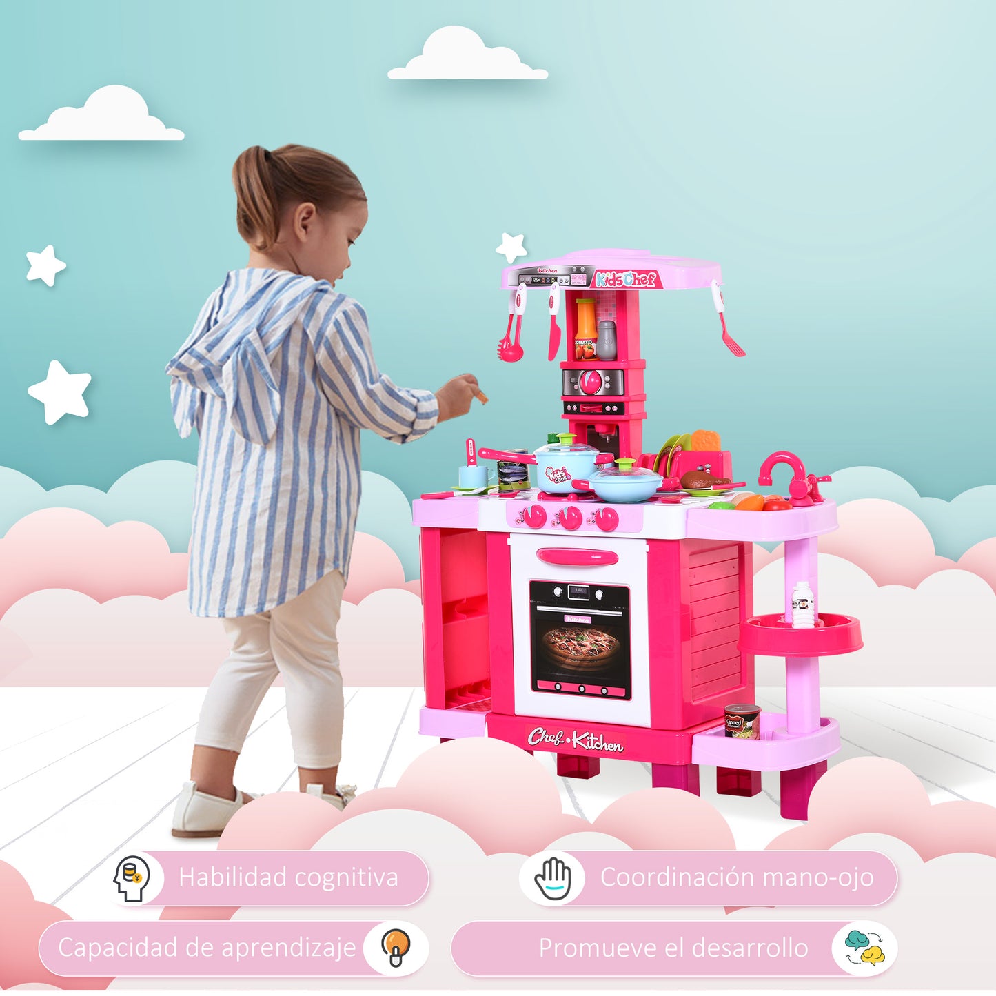 HOMCOM Cocina de Juguete para Niños Mayores de 3 Años con 38 Accesorios Luz Sonido Juegos de Rol Temprano Educativo 78x29x87 cm Rosa