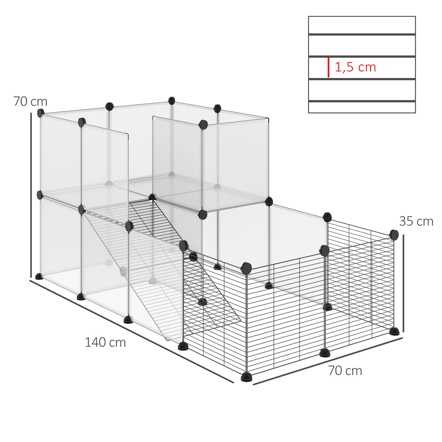 PawHut Jaula para Animales Pequeños Parque para Mascotas con 27 Paneles y Forma Personalizable para Cobayas Conejos Chinchillas 140x70x70 cm Transparente