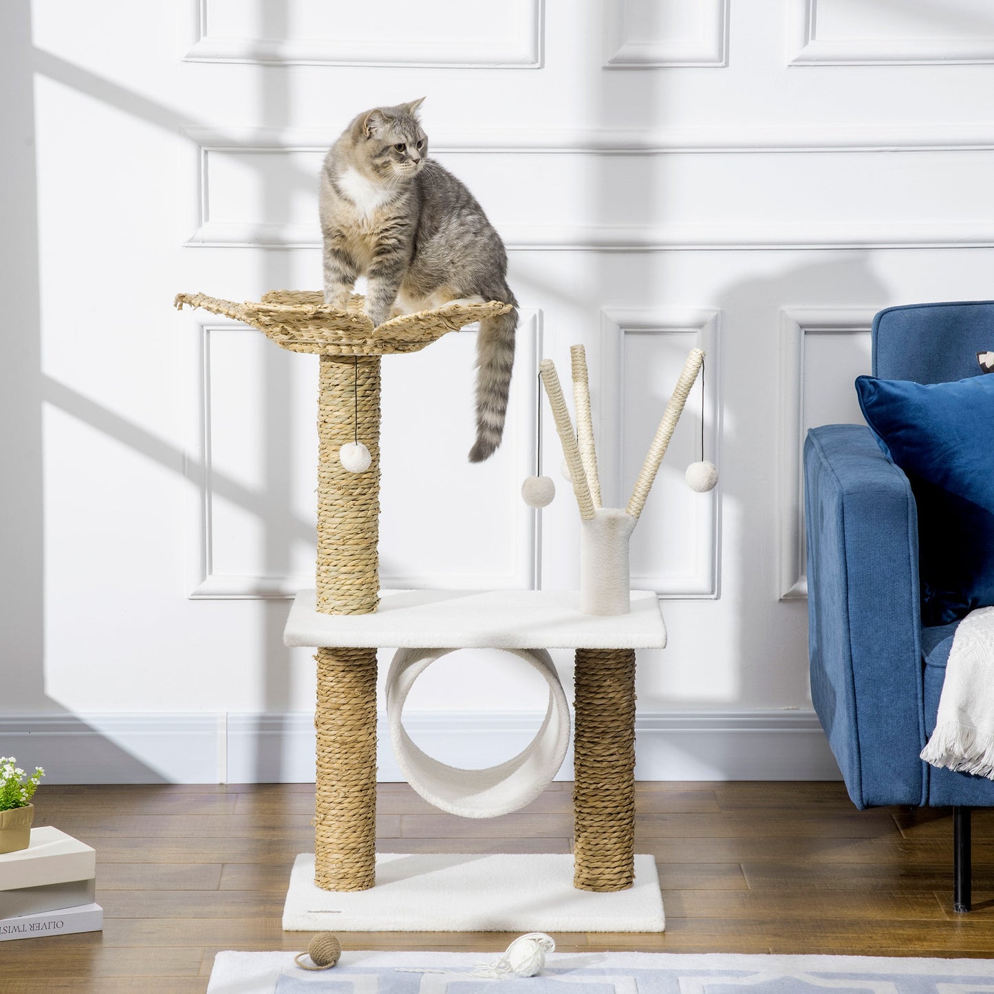 PawHut Árbol Rascador para Gatos Mediano Altura 91 cm Torre para Gatos con Cama Forma de Flor Plataforma Postes Rascadores Túnel y Bolas Colgantes 56x40x91 cm Blanco y Marrón