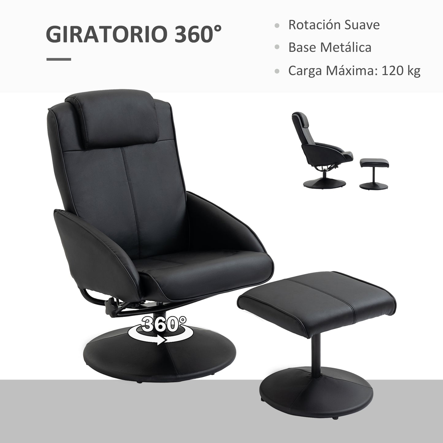 HOMCOM Sillón Reclinable con Reposapiés Sillón de Salón Giratorio con Tapizado en PU y Estructura de Acero Carga 120 kg Butaca para Dormitorio Sala de Estar Negro