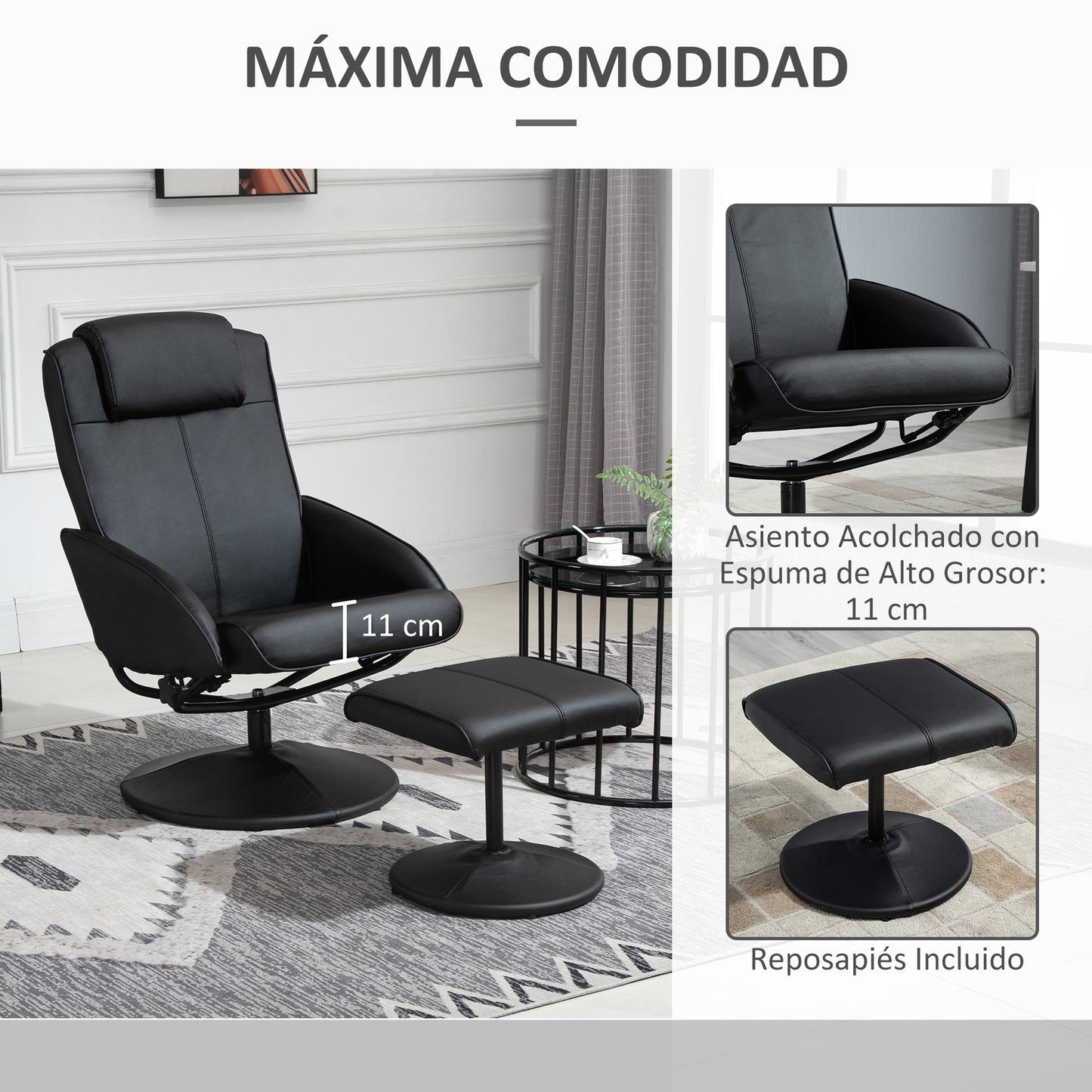 HOMCOM Sillón Reclinable con Reposapiés Sillón de Salón Giratorio con Tapizado en PU y Estructura de Acero Carga 120 kg Butaca para Dormitorio Sala de Estar Negro