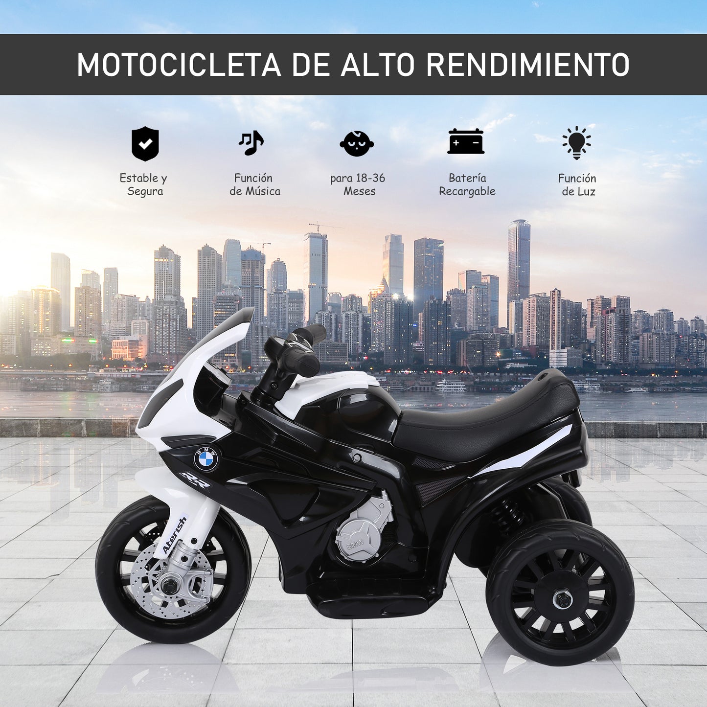 HOMCOM Moto Eléctrica para Niños de 18-36 Meses con Licencia BMW S1000RR Motocicleta de Batería 6V Moto Infantil con Música Carga 20 kg Negro