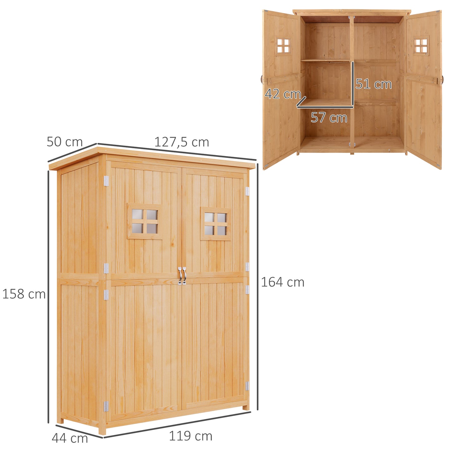 Outsunny Cobertizo de Madera Caseta de Jardín Exterior Armario Herramientas de Jardinería con Estantes Doble Puerta Ventanas y Techo Asfáltico 127,5x50x164 cm Natural