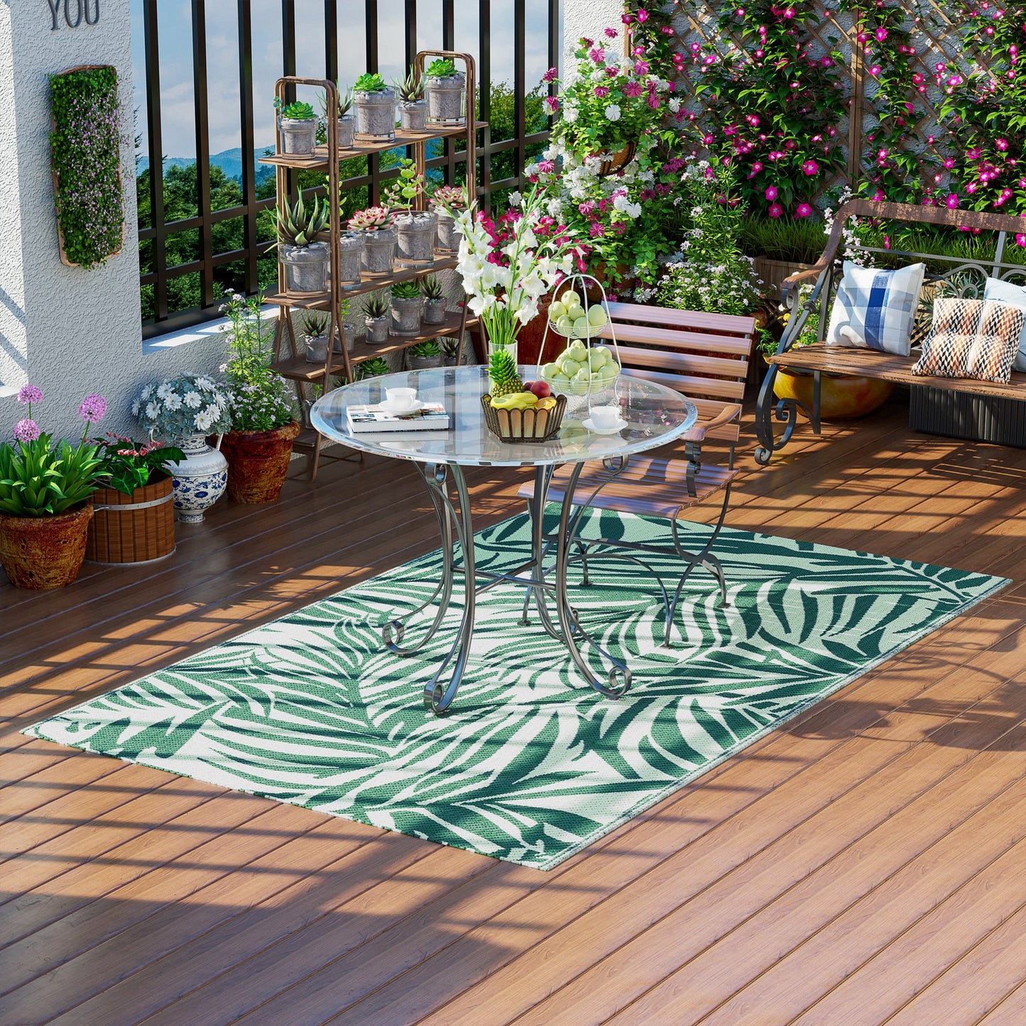 Outsunny Alfombra de Exterior 152x243 cm Alfombra Reversible con Patrón de Hojas para Terraza Balcón Patio Camping Playa Verde Oscuro y Blanco