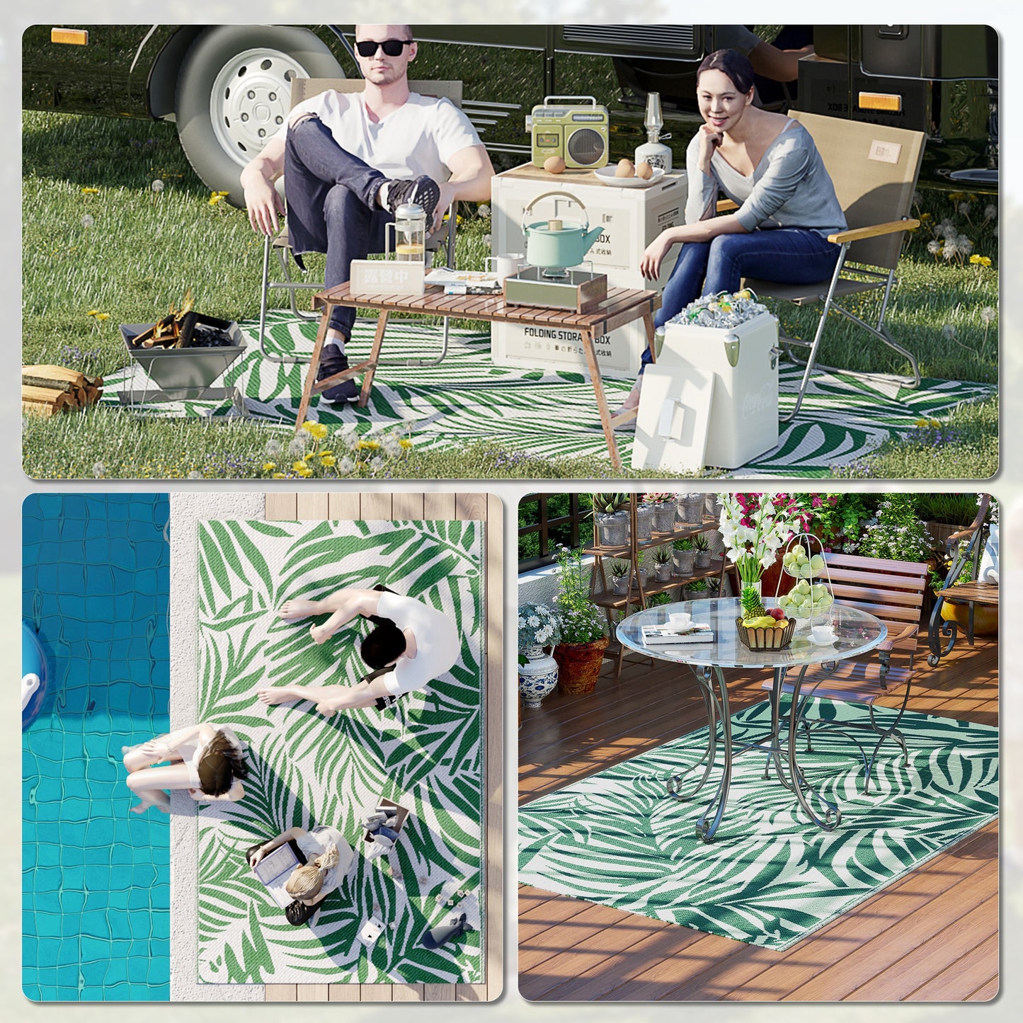 Outsunny Alfombra de Exterior 152x243 cm Alfombra Reversible con Patrón de Hojas para Terraza Balcón Patio Camping Playa Verde Oscuro y Blanco