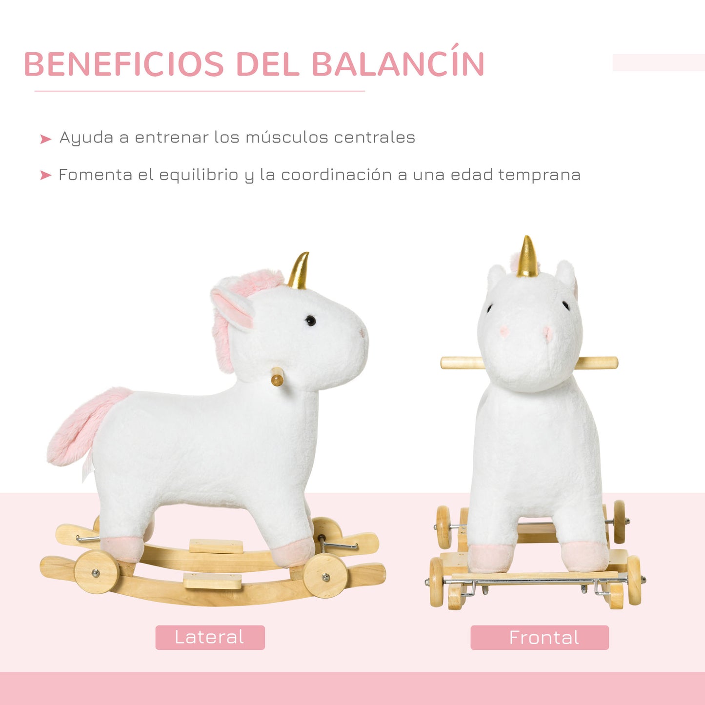 HOMCOM Caballito Balancín Infantil en Forma de Unicornio para Niños de +3 Años Balancín de Felpa 2 en 1 con Ruedas y Sonidos 63x38x63 cm Blanco