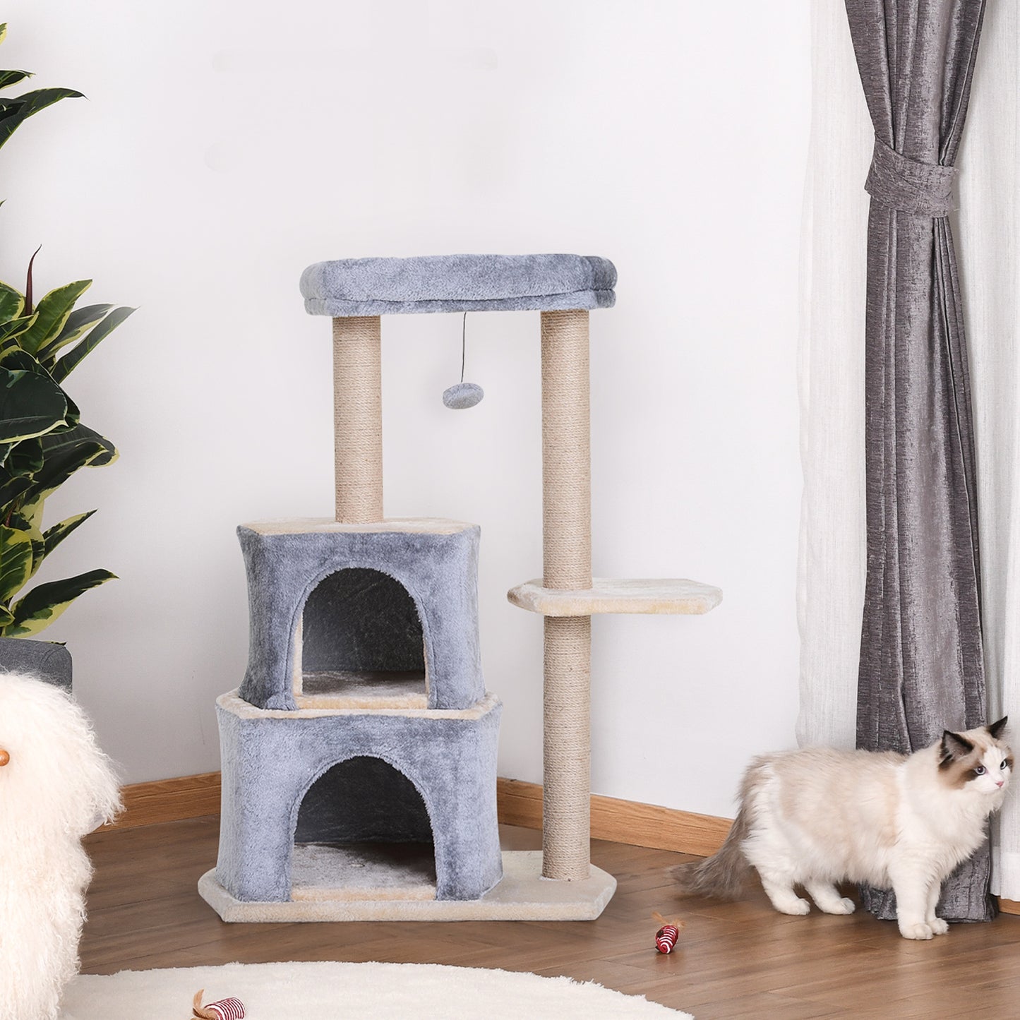 PawHut Árbol Rascador para Gatos de 92 cm Torre para Gatos Mediano con 2 Cuevas Bola Colgante y Postes para Rascar Centro de Actividad para Gatos Gris