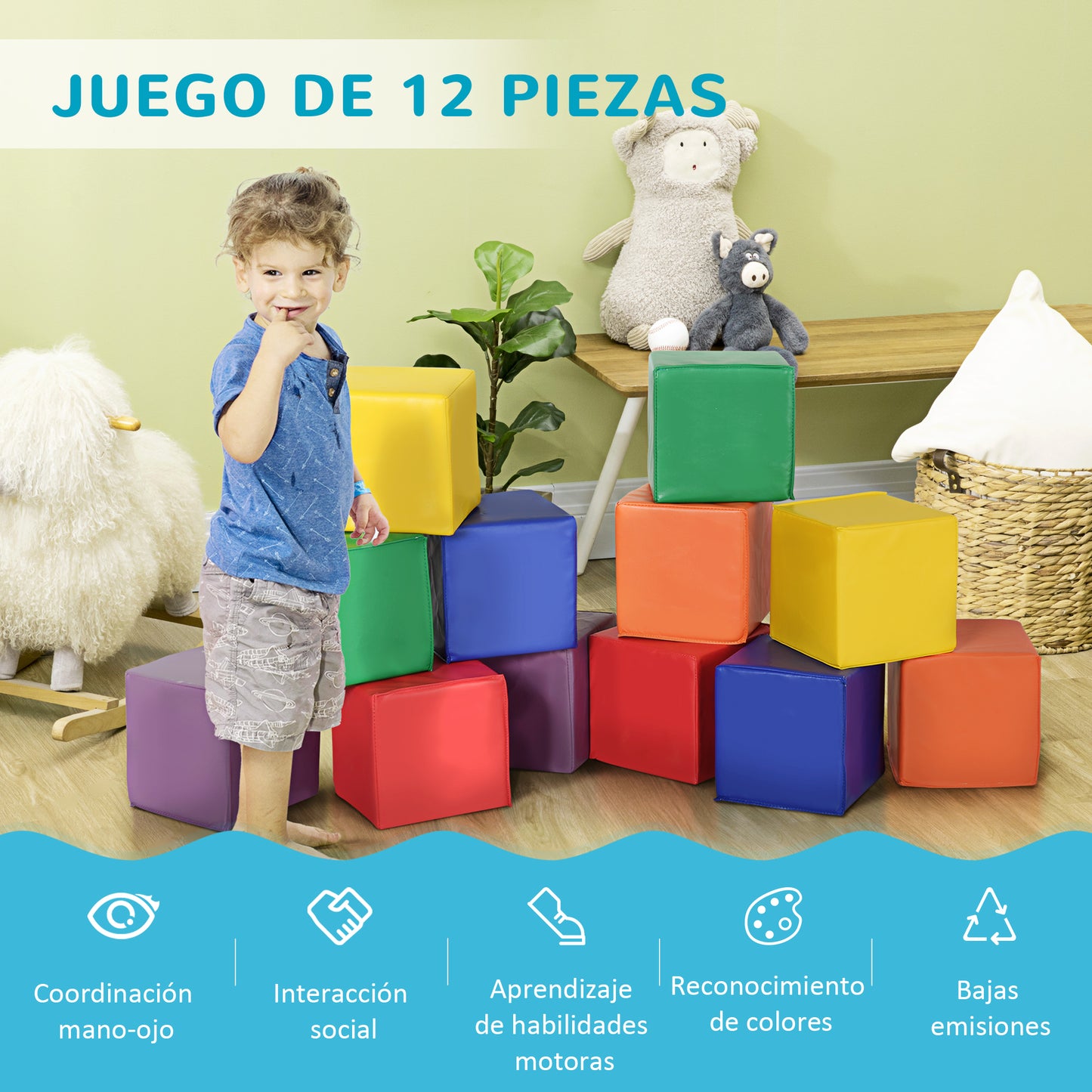 HOMCOM Juego de 12 Bloques Psicomotricidad para Niños Bloques de Construcción Figuras de Construcción Juguete para Aprendizaje Multicolor