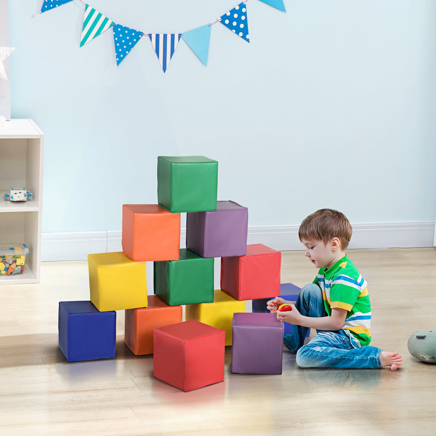 HOMCOM Juego de 12 Bloques Psicomotricidad para Niños Bloques de Construcción Figuras de Construcción Juguete para Aprendizaje Multicolor