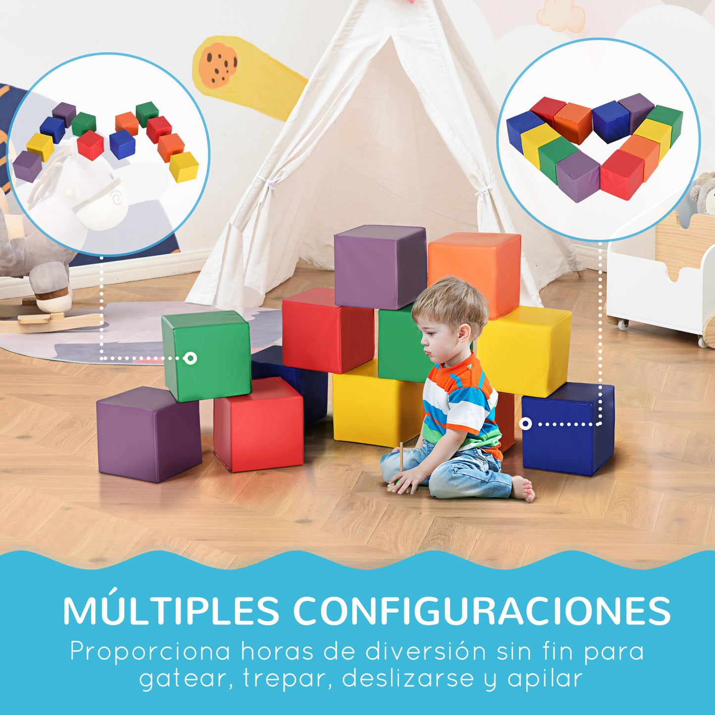 HOMCOM Juego de 12 Bloques Psicomotricidad para Niños Bloques de Construcción Figuras de Construcción Juguete para Aprendizaje Multicolor