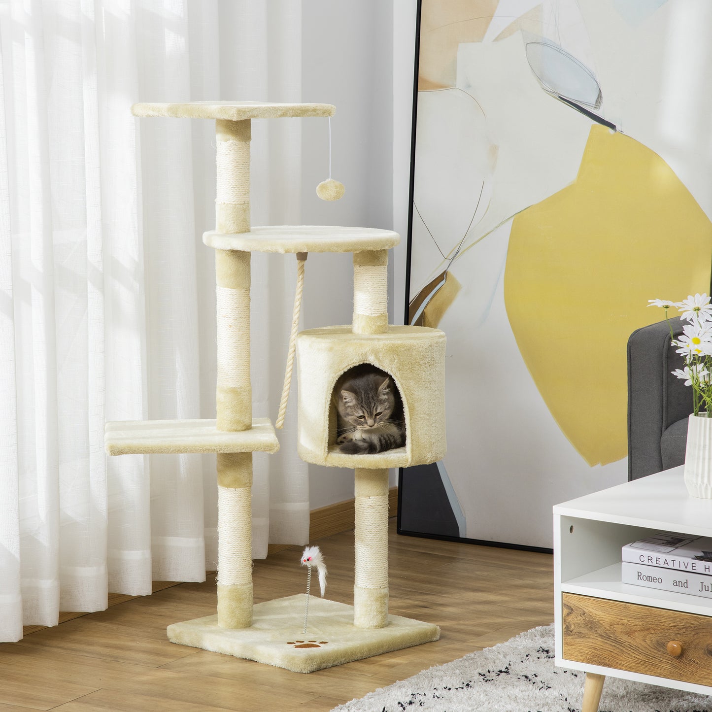 PawHut Árbol para Gatos Rascador 116 cm de 4 Pisos con Poste para Arañar Cueva Espaciosa Múltiples Plataformas Juguetes Divertidos 40x40x116 cm Beige