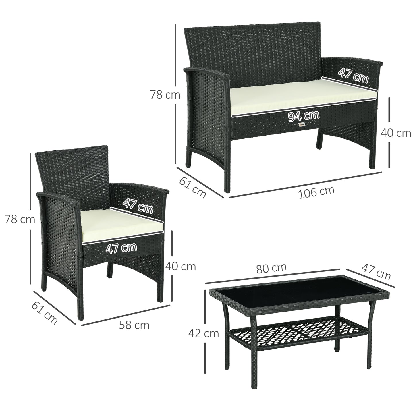 Outsunny Conjunto de Jardín de Ratán Sintético Juego de 4 Piezas Muebles de Jardín con 2 Sillones 1 Sofá Doble 1 Mesa de Centro con Tablero de Vidrio y Cojines Anti-UV Negro y Crema