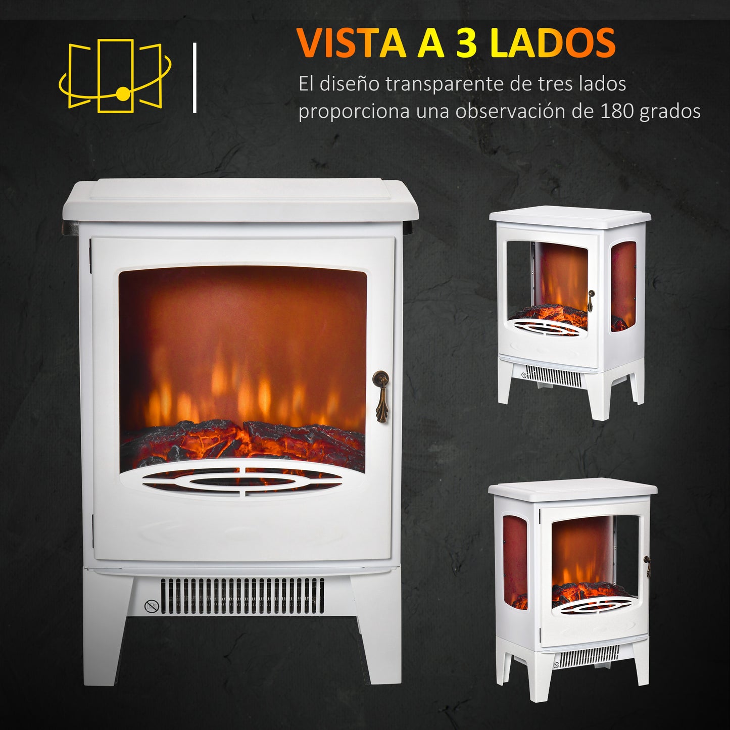 HOMCOM Chimenea Eléctrica 900W/1800W Chimenea Decorativa de Pie con Ventanas Efecto de Llama Temperatura Ajustable y Protección Sobrecalentamiento para 20-25 ㎡ Blanco