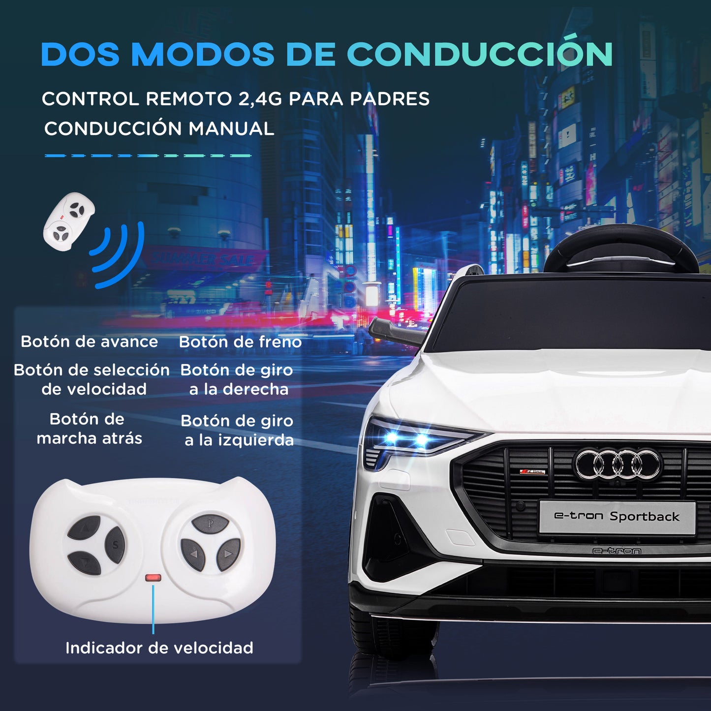 HOMCOM Coche Eléctrico para Niños Audi E-tron Coche de Batería para Niños 12V con Mando a Distancia Faros Bocina Música Velocidad 3-5 km/h Cinturón de Seguridad Blanco