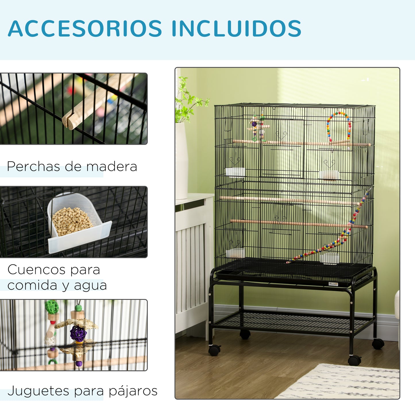 PawHut Jaula para Pájaros con Ruedas 79x49x133 cm Pajarera Metálico Jaula Grande con Soporte con 4 Comederos 3 Perchas Juguetes Bandeja Extraíble Estante para Canarios Periquitos Negro