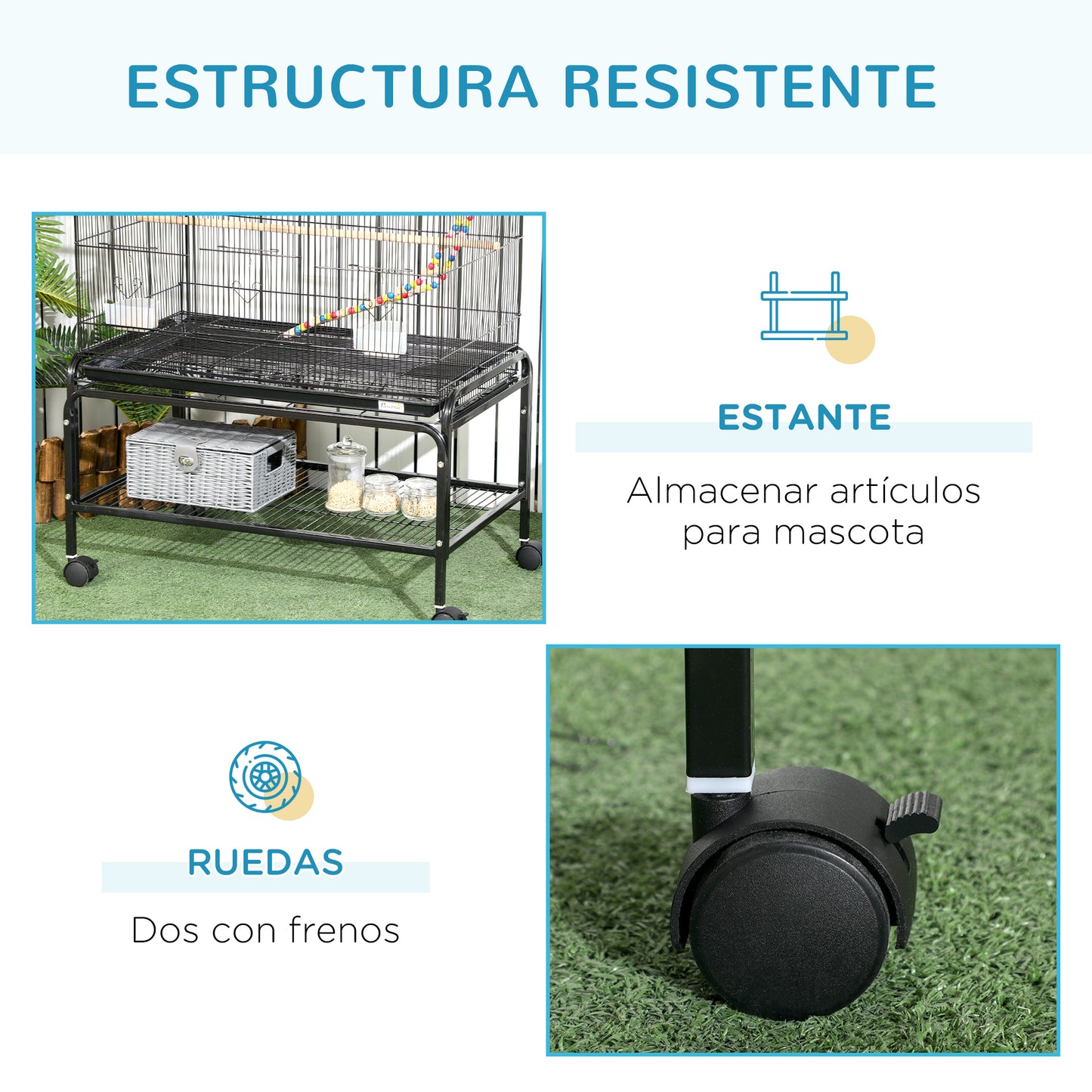 PawHut Jaula para Pájaros con Ruedas 79x49x133 cm Pajarera Metálico Jaula Grande con Soporte con 4 Comederos 3 Perchas Juguetes Bandeja Extraíble Estante para Canarios Periquitos Negro