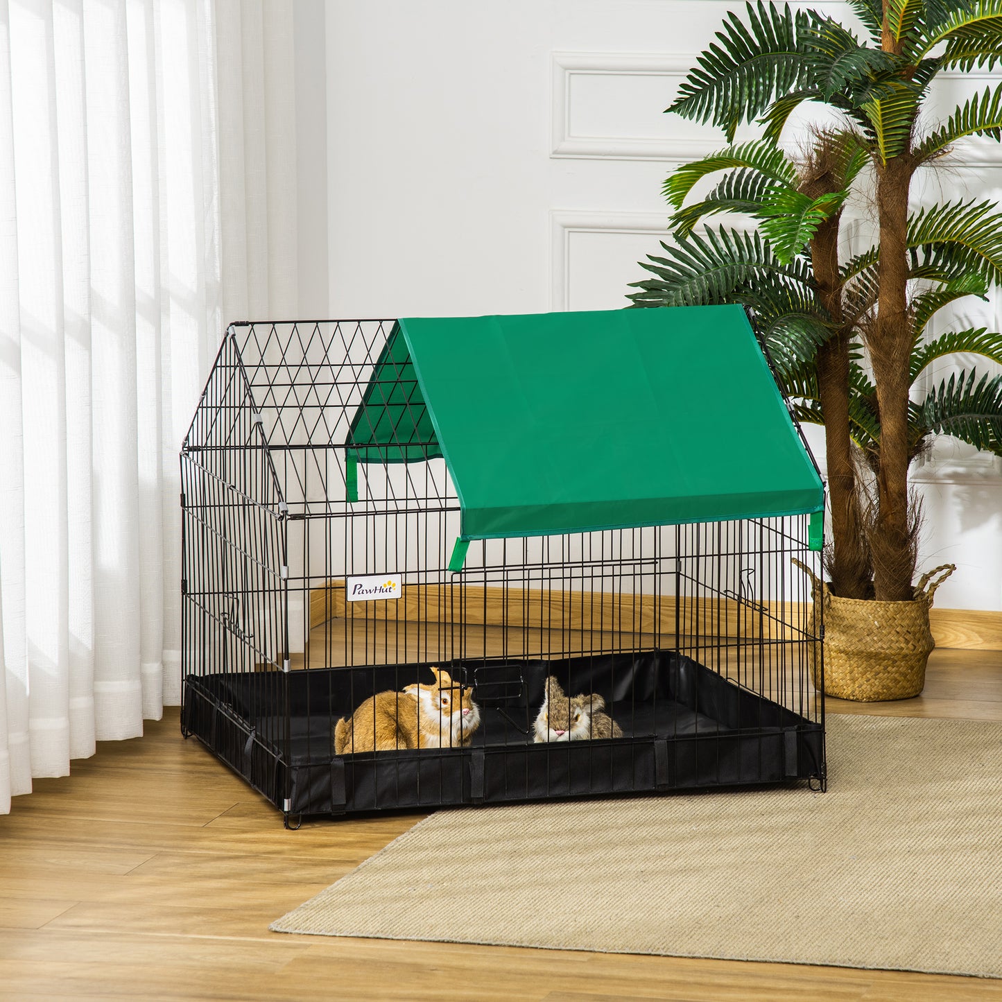 PawHut Jaula para Animales Pequeños Parque para Mascotas con 2 Puertas Toldo y Base con Tela Oxford Impermeable para Interior y Exterior 90x75x75 cm Negro y Verde