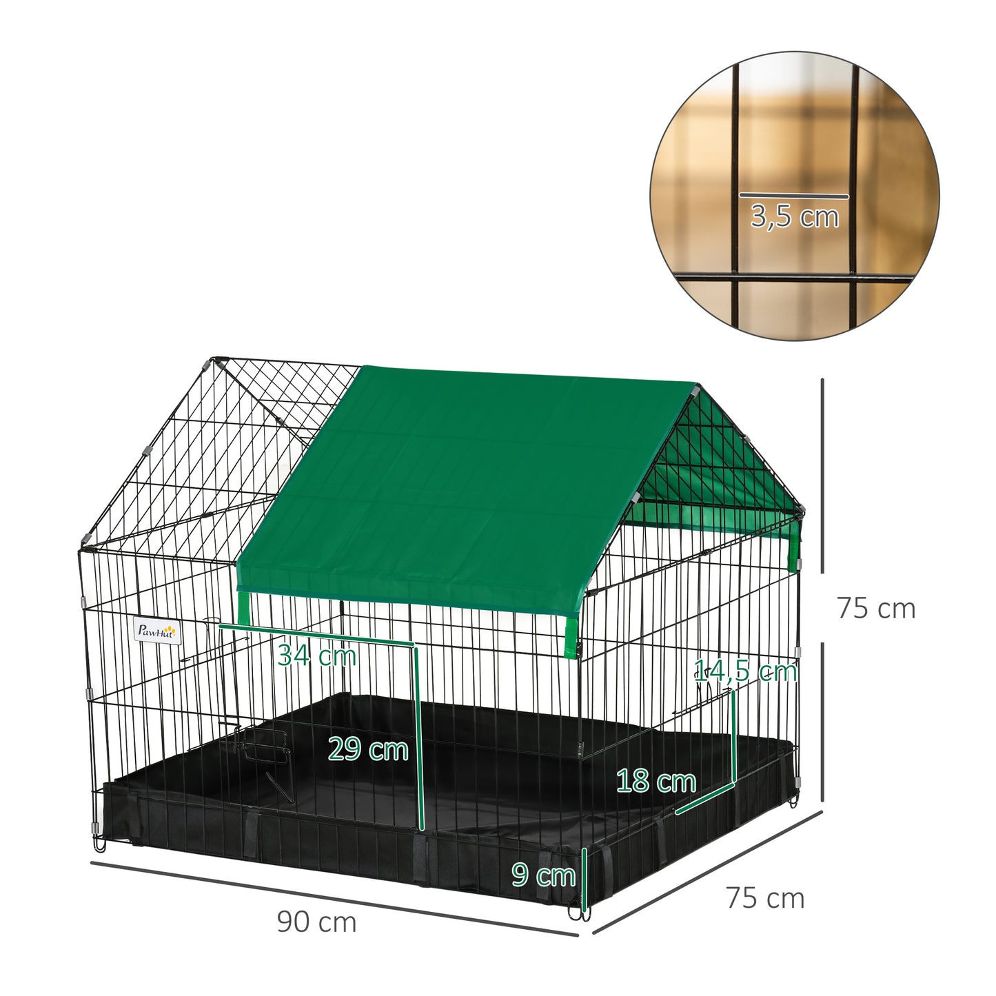 PawHut Jaula para Animales Pequeños Parque para Mascotas con 2 Puertas Toldo y Base con Tela Oxford Impermeable para Interior y Exterior 90x75x75 cm Negro y Verde