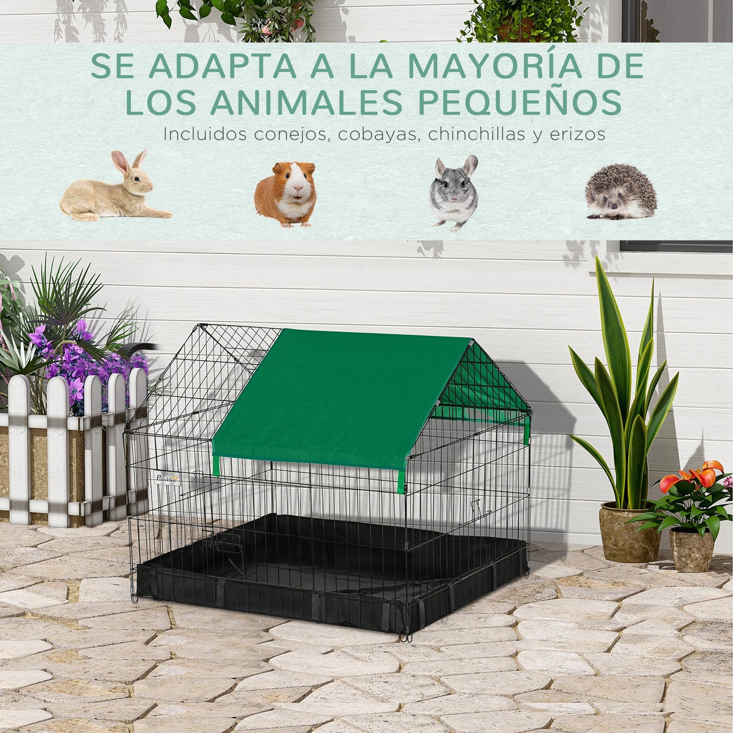 PawHut Jaula para Animales Pequeños Parque para Mascotas con 2 Puertas Toldo y Base con Tela Oxford Impermeable para Interior y Exterior 90x75x75 cm Negro y Verde