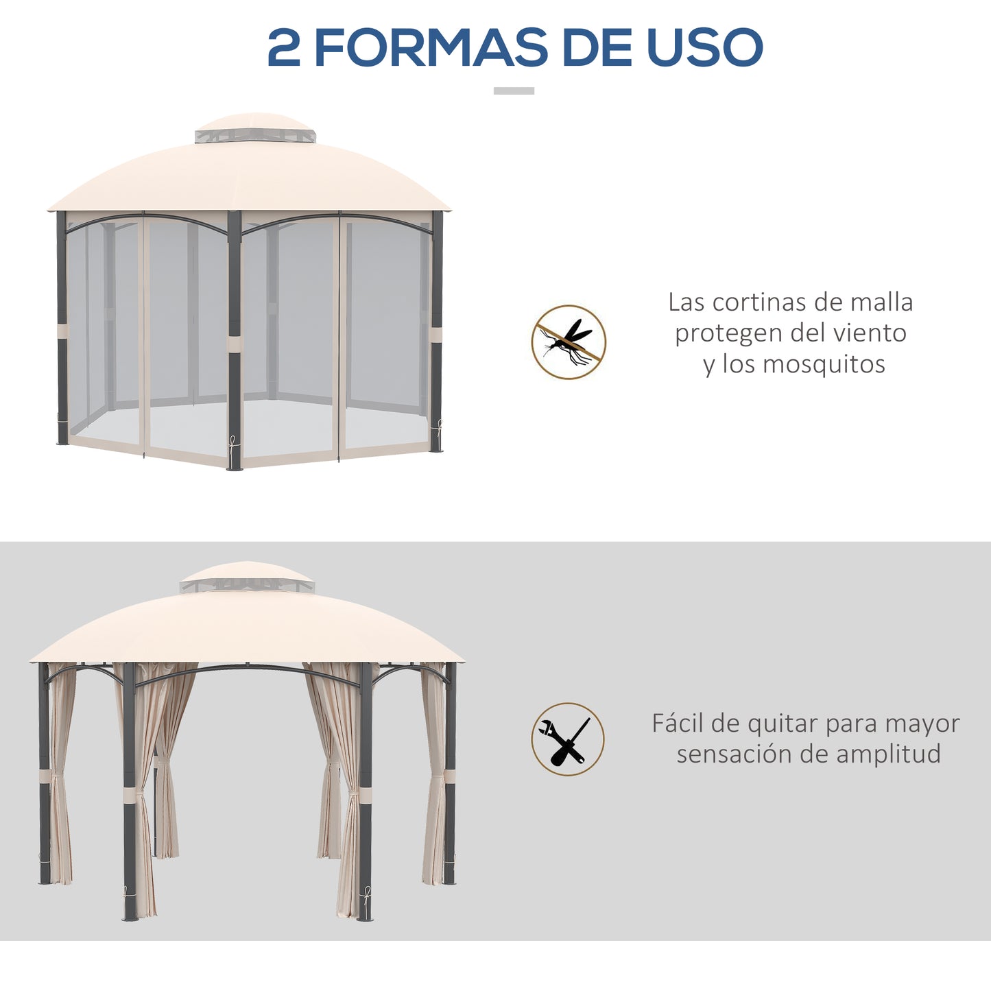 Outsunny Cenador de Jardín Hexágono 4x4 m Pabellón Exterior con Doble Techo de Ventilación y 6 Mosquiteras con Cremallera Gazebo para Fiestas Balcón Patio Caqui