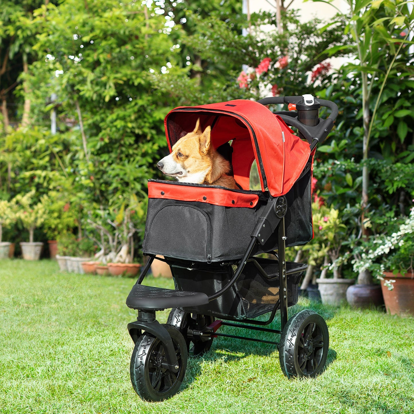 PawHut Carrito para Perros Plegable Cochecito para Mascotas Carrito para Perros Pequeños con 3 Ruedas Ventanas de Malla Cesta de Almacenaje y Correas de Seguridad 109,5x57,5x106,5 cm Rojo