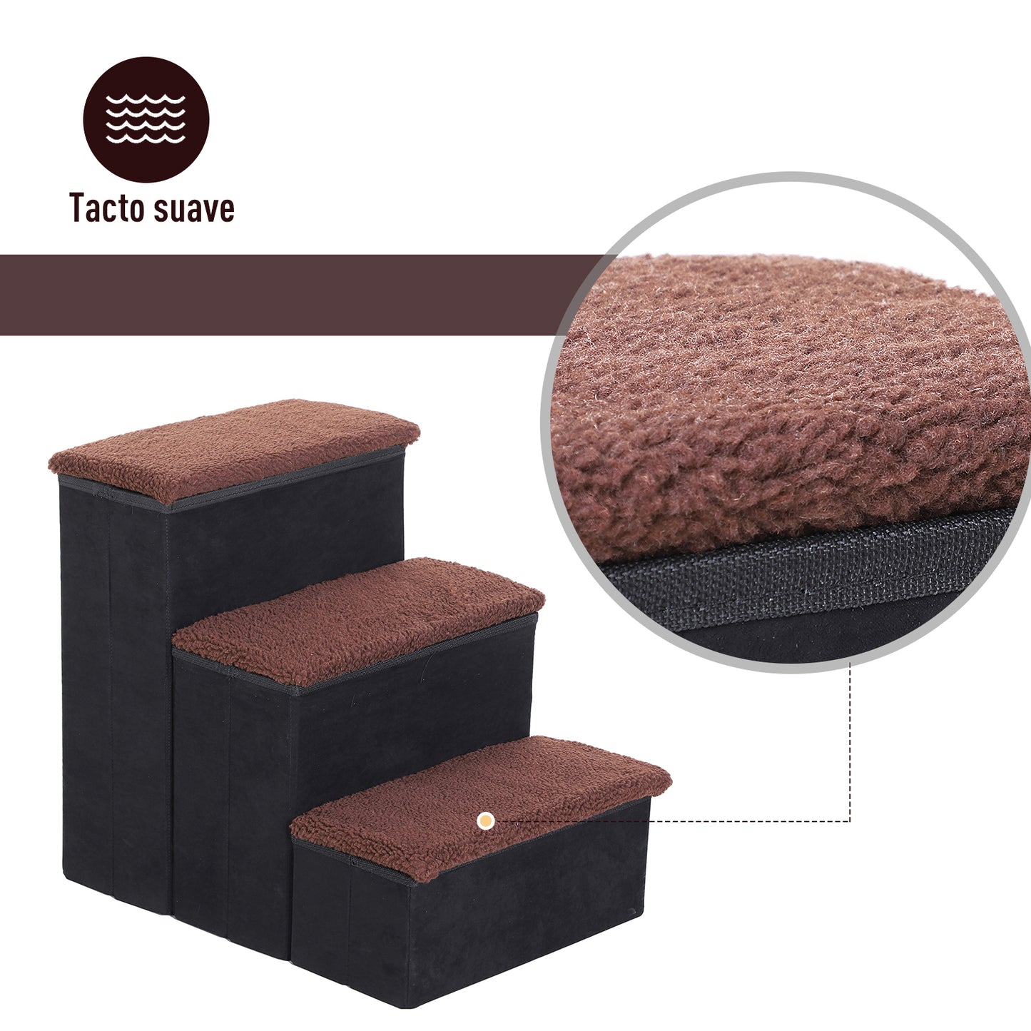 PawHut Escalera para Mascotas de 3 Peldaños Plegable con Tapas Abatibles y Espacio de Almacenamiento 3 Escalones de Perros Gatos Pequeños para Cama Sofá 40x54x48 cm Negro