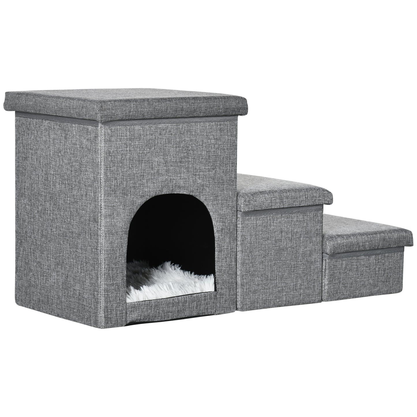 PawHut Escalera para Perros Escalera Rampa para Mascotas de 3 Peldaños con Tapas 3 Cajas de Almacenamiento Cueva y Cojín Lavable para Cama Sofá 73,5x33x40,5 cm Gris